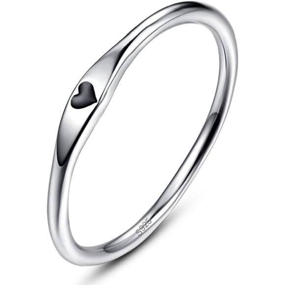 Women Silver Sterling Silver Simple Carve Heart Band Stackable Promise Ring - Picture 1 of 7